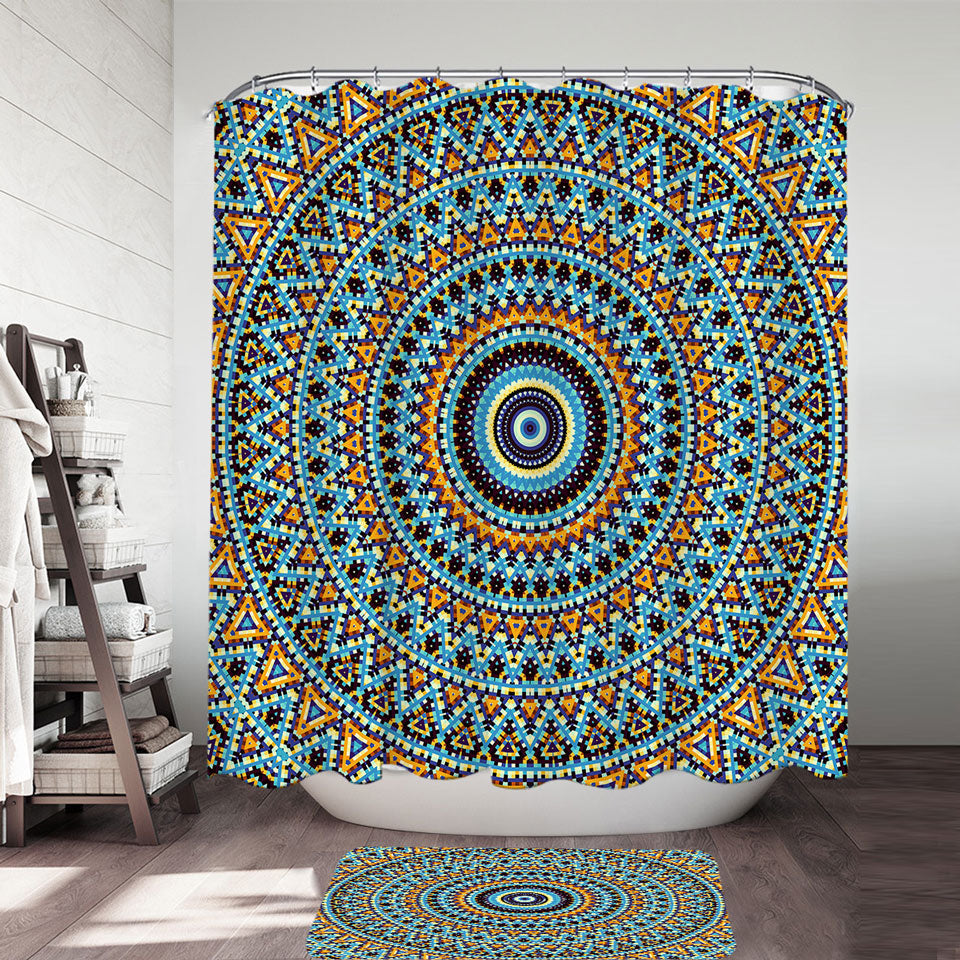 Mandala Shower Curtain Powerful Blue Black Orange