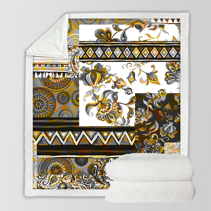 Mandalas and Flowers Golden Black Sherpa Blanket