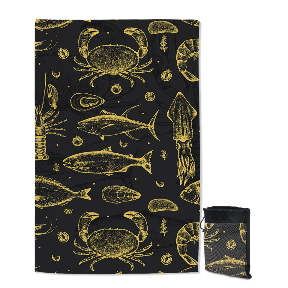 Marine Beach Towels Golden Seafood Fish Crab and Squid