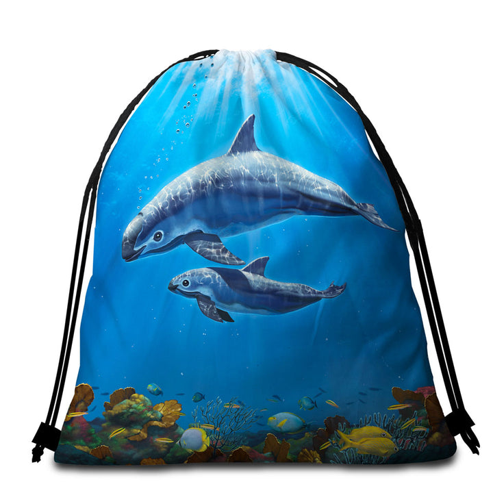 Marine Life Art Coral and Vaquita Beach Towel Bags