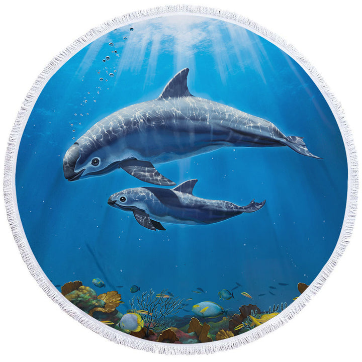 Marine Life Art Coral and Vaquita Circle Beach Towel