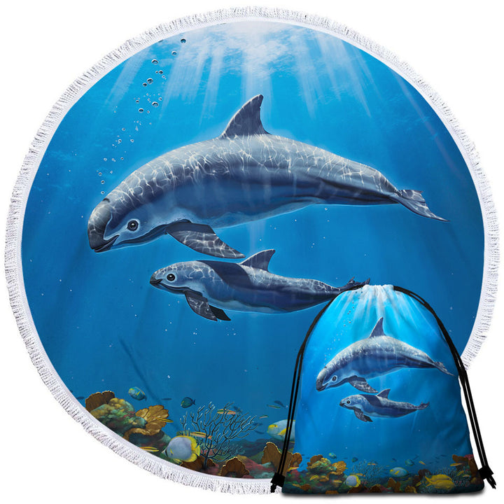Marine Life Art Coral and Vaquita Round Towel