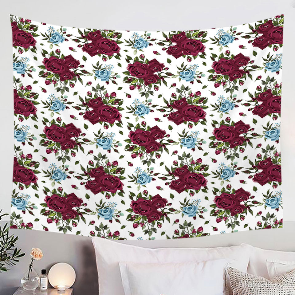 Maroon Red Wall Decor Tapestry Sky Blue Roses