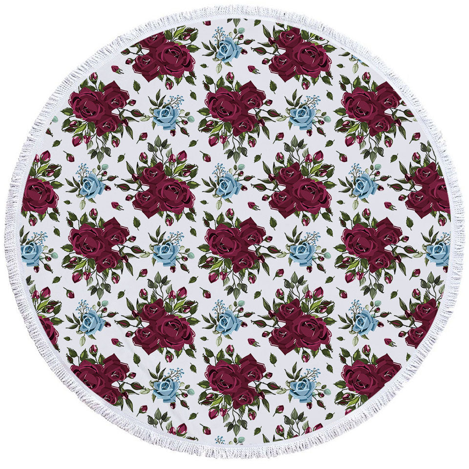 Maroon Red and Sky Blue Roses Circle Towel