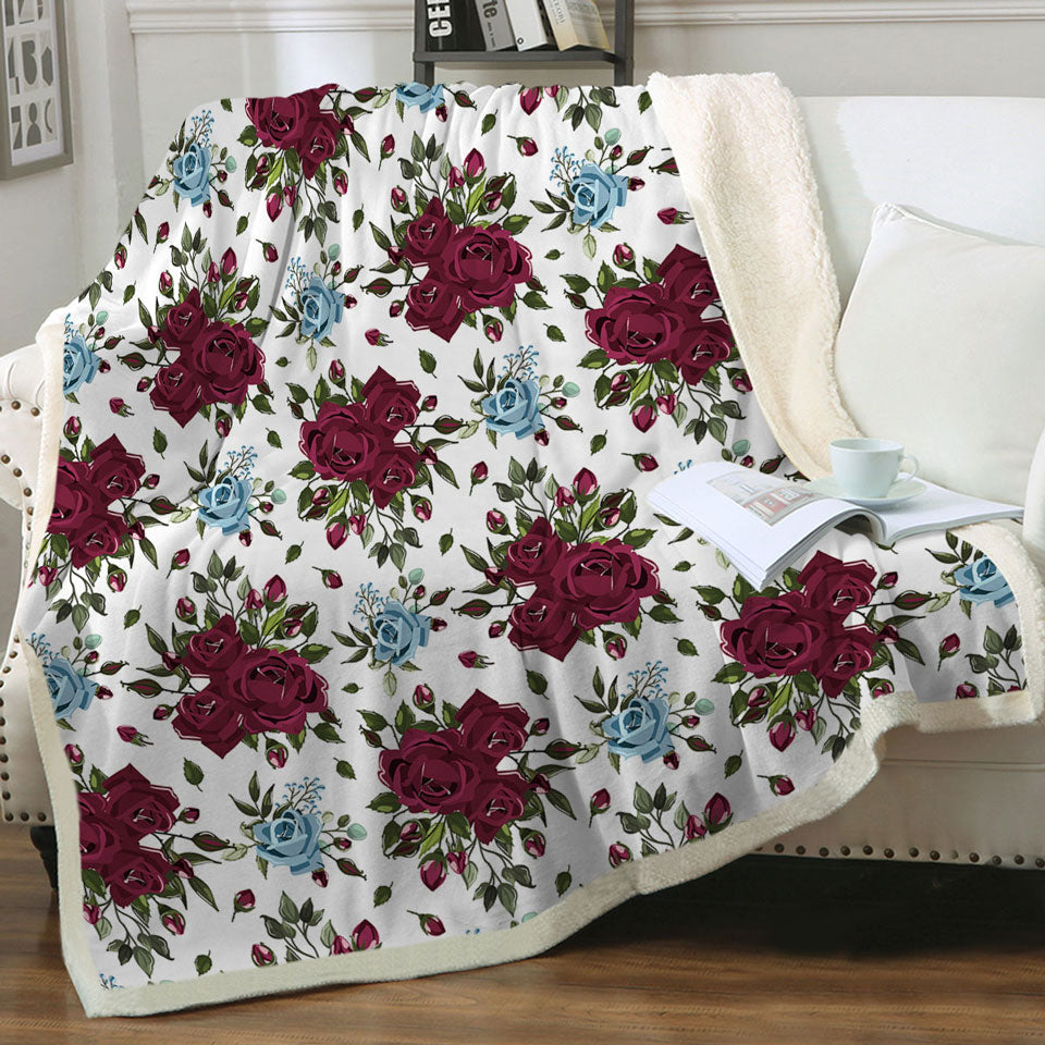 Maroon Red and Sky Blue Roses Decorative Blankets