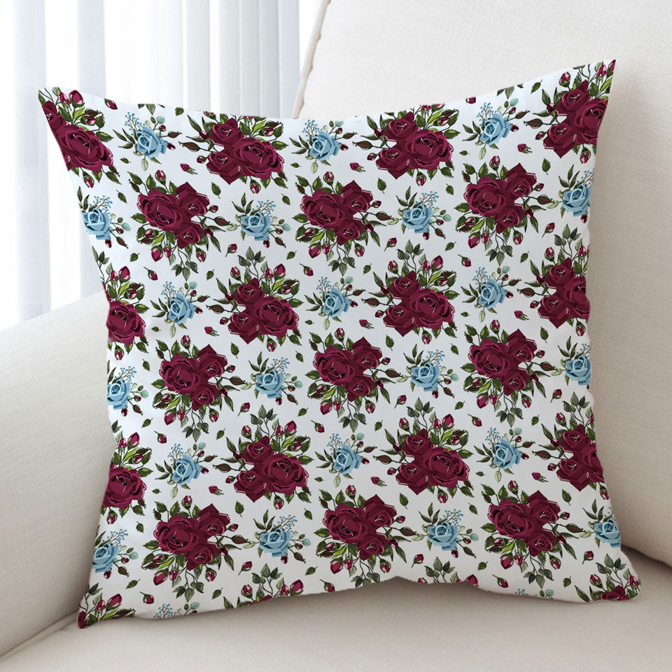 Maroon Red and Sky Blue Roses Decorative Pillows
