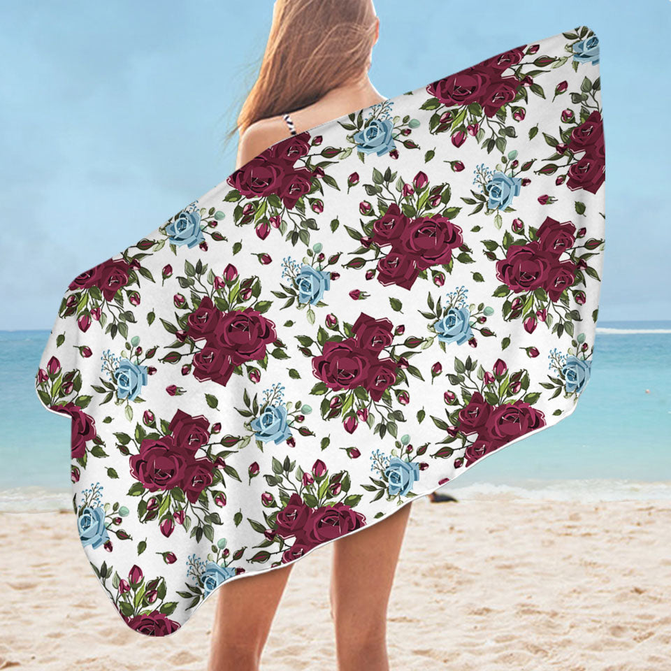 Maroon Red and Sky Blue Roses Nice Beach Towels