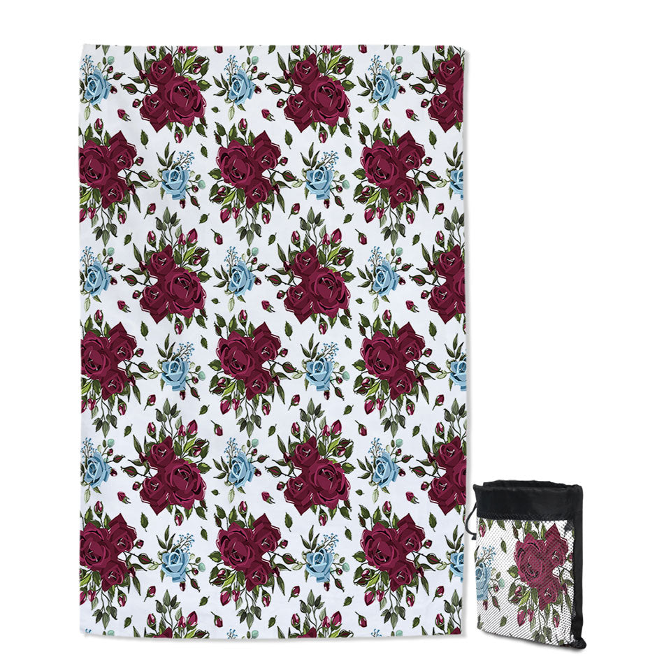 Maroon Red and Sky Blue Roses Thin Beach Towels