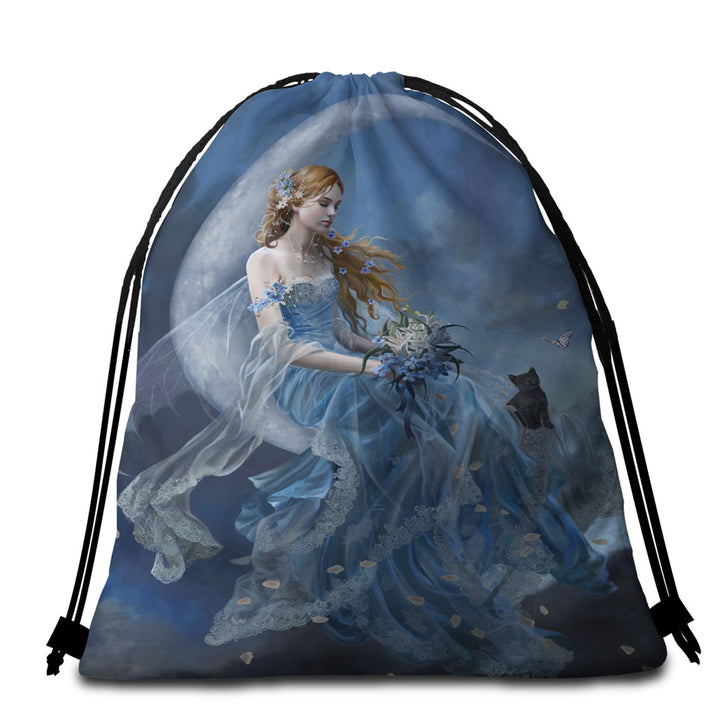 Melancholy Beautiful Moon Fairy in Blue Beach Bags and Towels