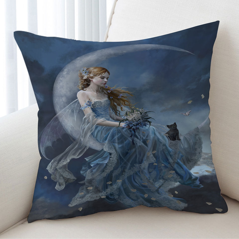 Melancholy Beautiful Moon Fairy in Blue Cushion Covers