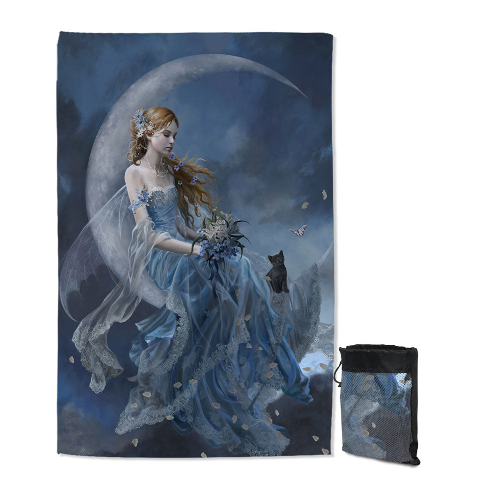Melancholy Beautiful Moon Fairy in Blue Lightweight Beach Towel
