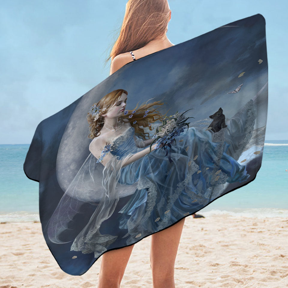 Melancholy Beautiful Moon Fairy in Blue Pool Towels
