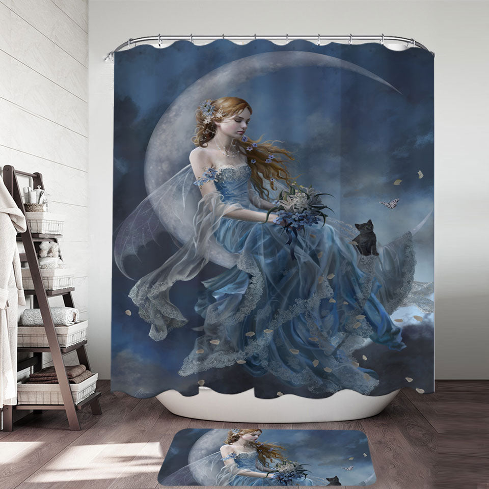 Melancholy Beautiful Moon Fairy in Blue Shower Curtain
