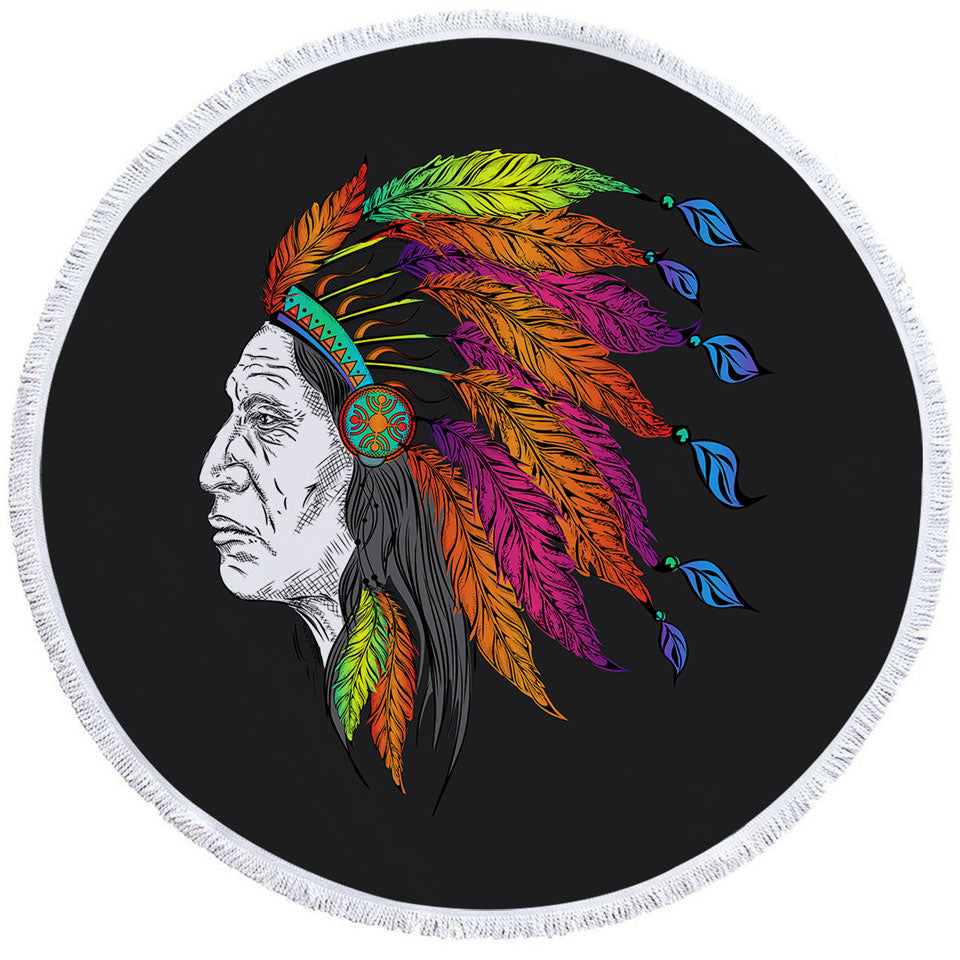 Mens Beach Towel of Colorful Feathers on a Tough Native American Chief