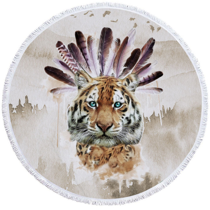 Mens Beach Towel with Artistic Native American Tiger
