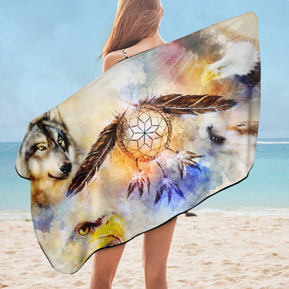 Mens Beach Towel with North American Wildlife and Dream Catcher
