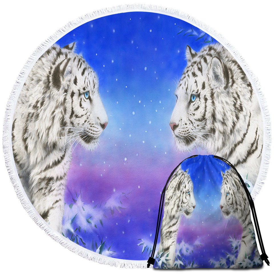 Mens Beach Towels Wild Animal Art White Tigers at Winter Night