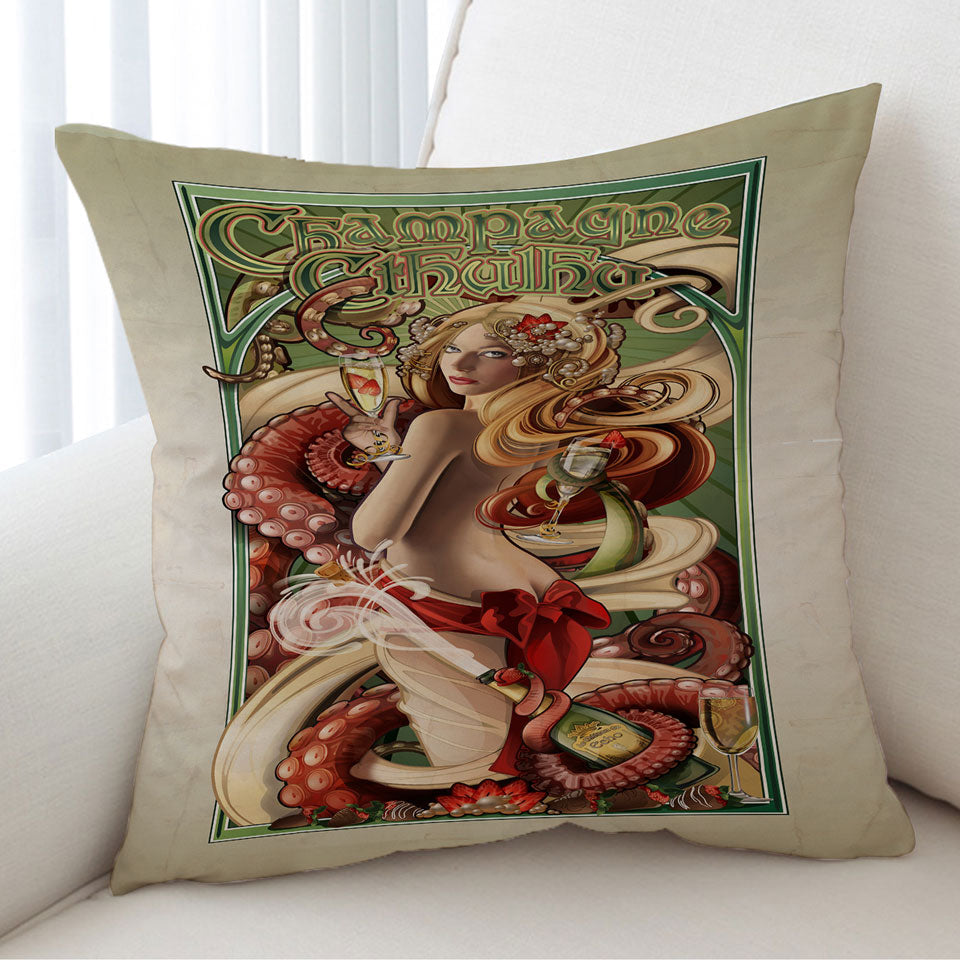 Mens Cushion Covers Art Champagne Cthulhu and Sexy Woman