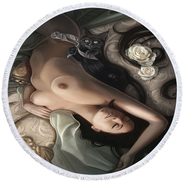 Mens Round Beach Towel Sexy Art Black Cat and Sleeping Beautiful Woman
