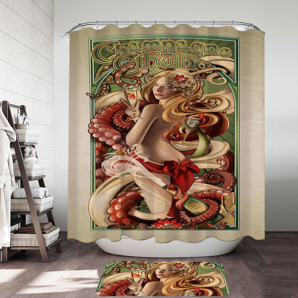 Mens Shower Curtains Art Champagne Cthulhu and Sexy Woman