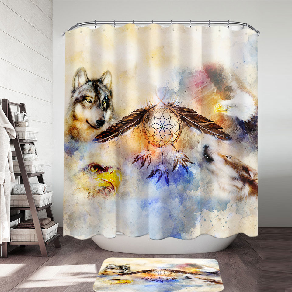 Mens Shower Curtains with North American Wildlife and Dream Catcher