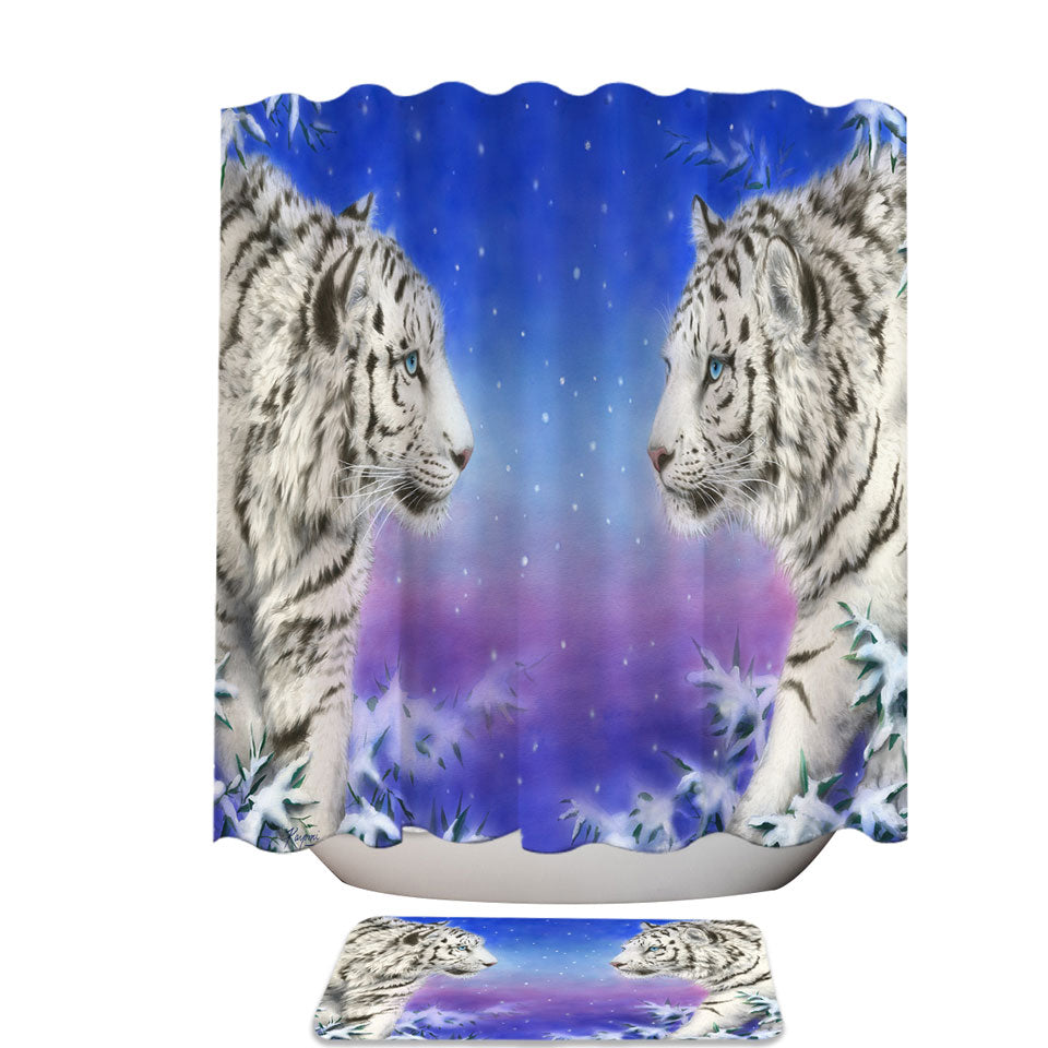 Mens Shower Curtains with Wild Animal Art White Tigers at Winter Night