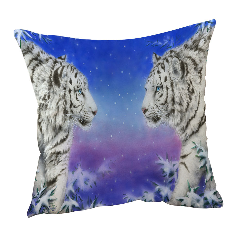Mens Throw Pillows with Wild Animal Art White Tigers at Winter Night