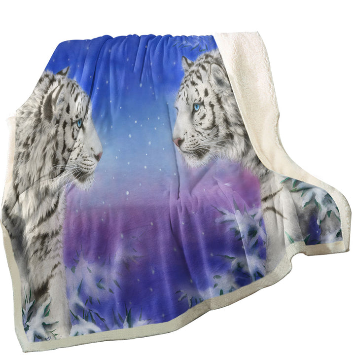 Mens Throws with Wild Animal Art White Tigers at Winter Night