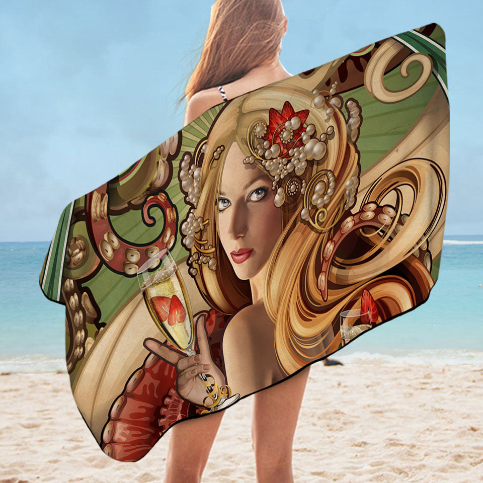 Mens Unique Beach Towels Art Champagne Cthulhu and Sexy Woman