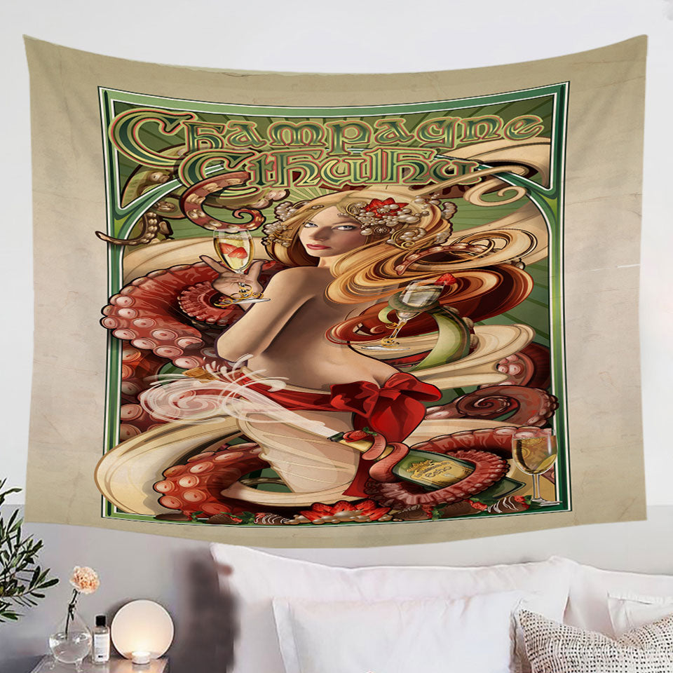 Mens-Wall-Decor-Art-Champagne-Cthulhu-and-Sexy-Woman