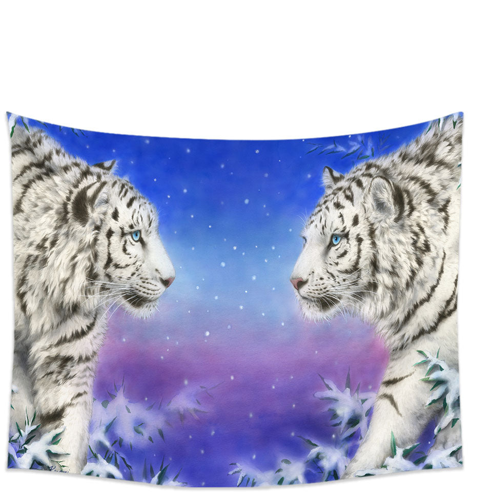 Mens Wall Decor Wild Animal Art White Tigers at Winter Night Tapestry