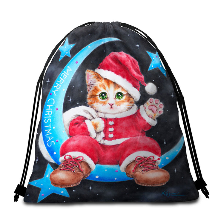 Merry Christmas Beach Towel Bags Kitty Cat Santa on the Moon