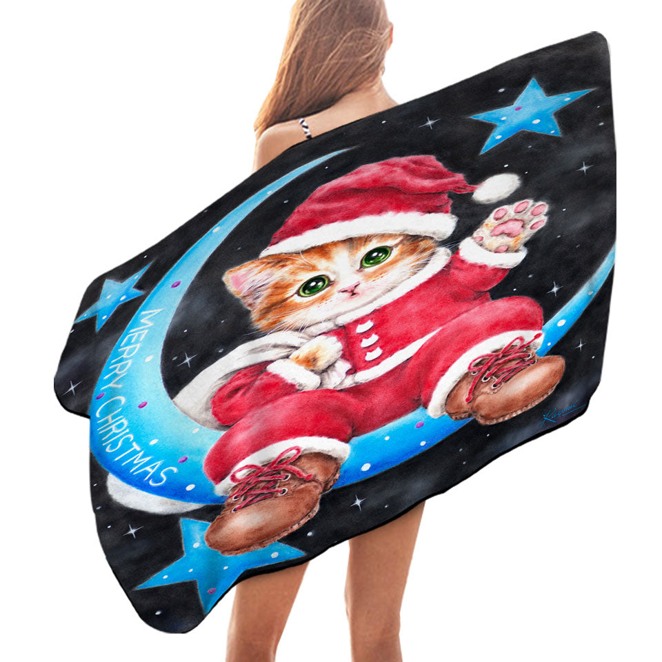 Merry Christmas Beach Towels Kitty Cat Santa on the Moon