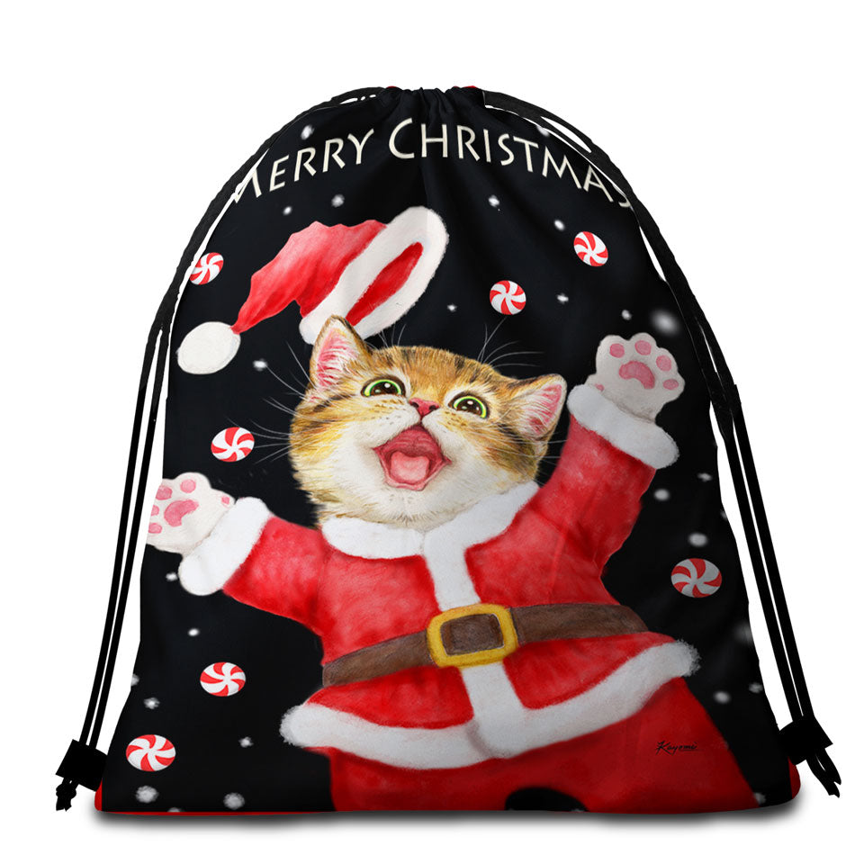 Merry Christmas Beach Towels and Bags Set Cats and Kittens Candy Snow