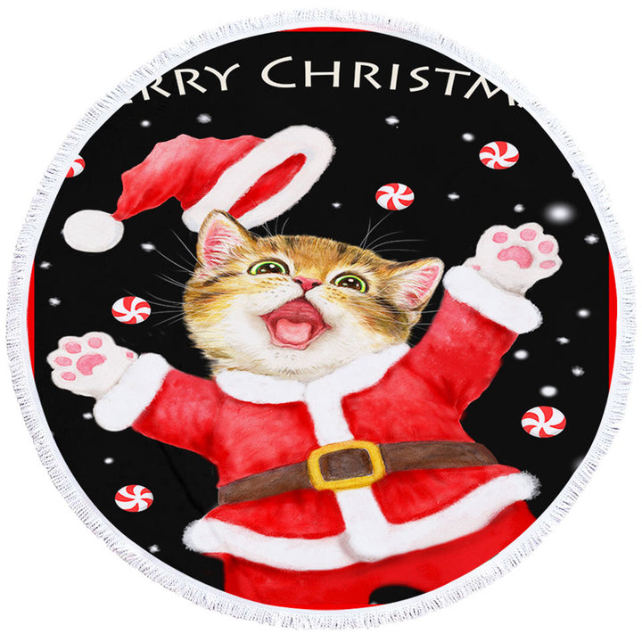 Merry Christmas Circle Beach Towel Cats and Kittens Candy Snow