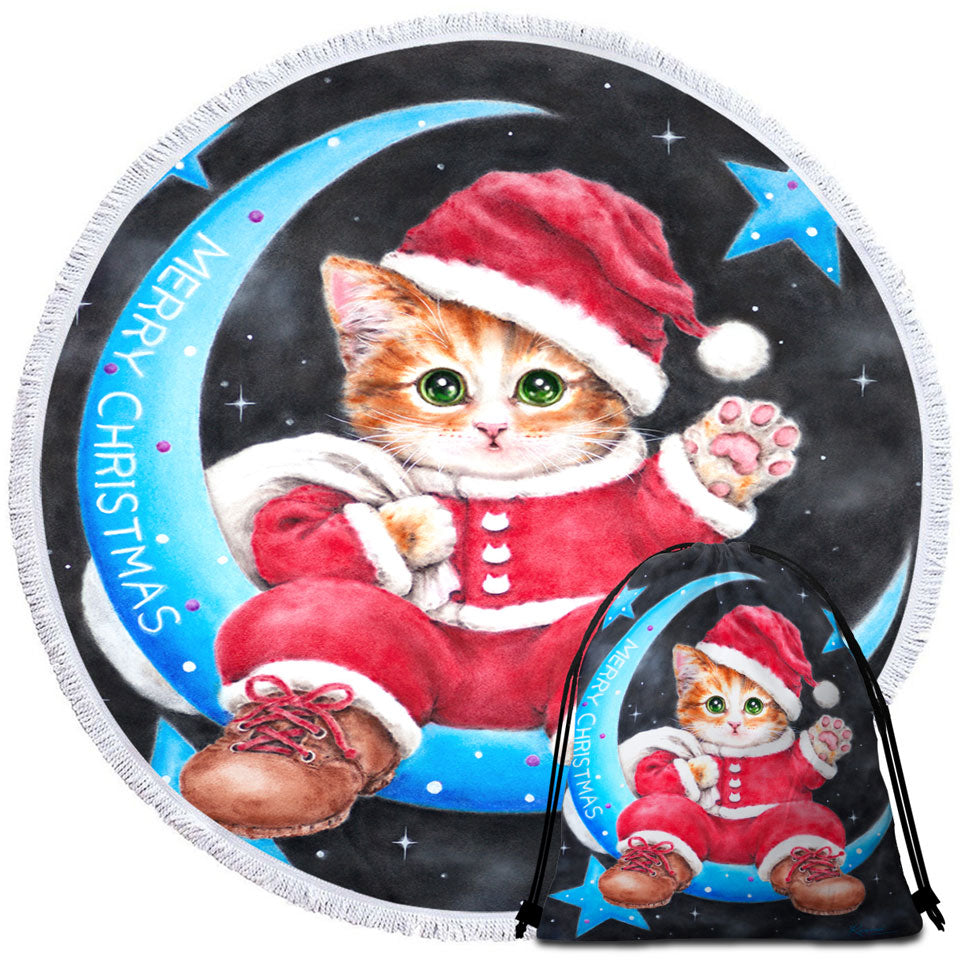 Merry Christmas Circle Beach Towel Kitty Cat Santa on the Moon