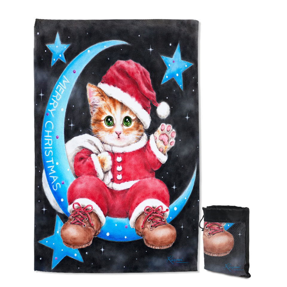 Merry Christmas Quick Dry Beach Towel Kitty Cat Santa on the Moon