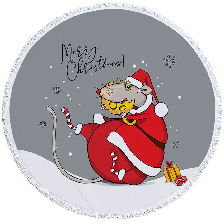 Merry Christmas Round Beach Towel Funny Rat Santa Claus