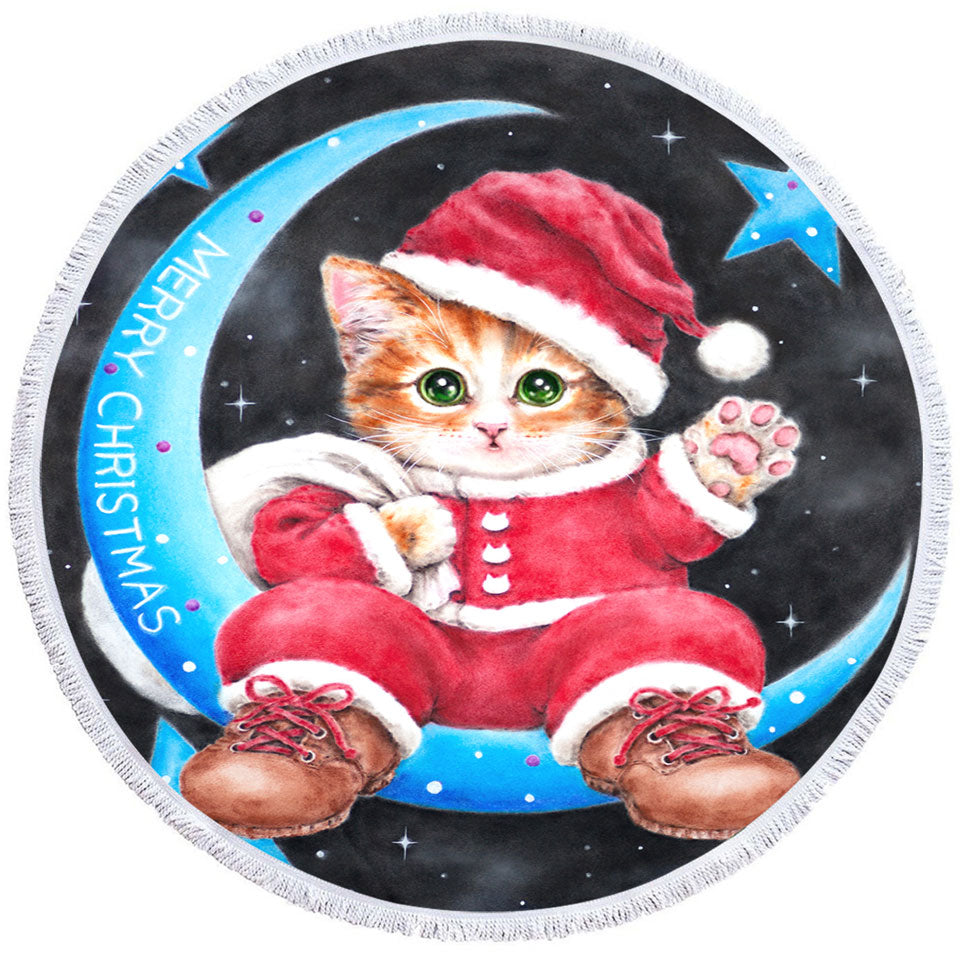 Merry Christmas Round Beach Towel Kitty Cat Santa on the Moon