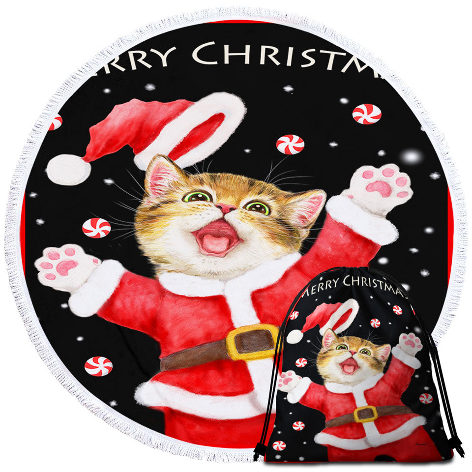 Merry Christmas Round beach Towel Cats and Kittens Candy Snow