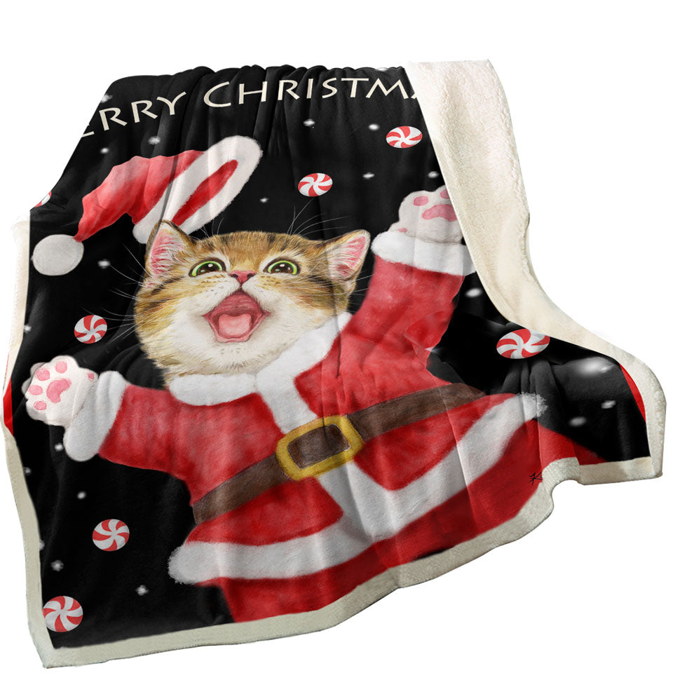 Merry Christmas Sherpa Blanket Cats and Kittens Candy Snow