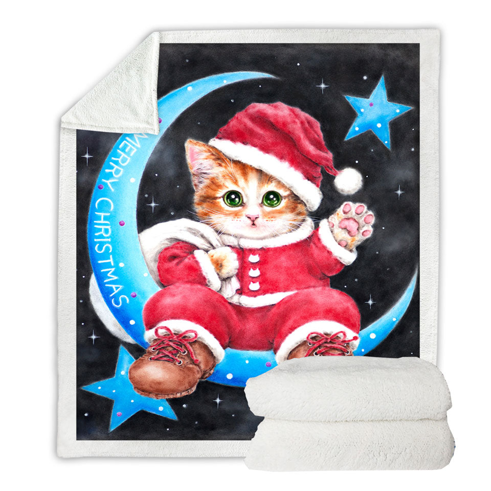 Merry Christmas Sherpa Blanket Kitty Cat Santa on the Moon