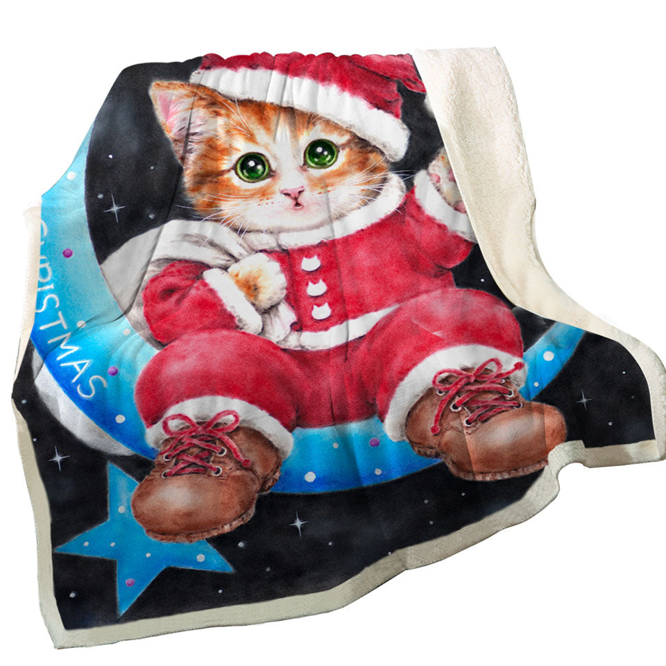 Merry Christmas Throw Blanket Kitty Cat Santa on the Moon