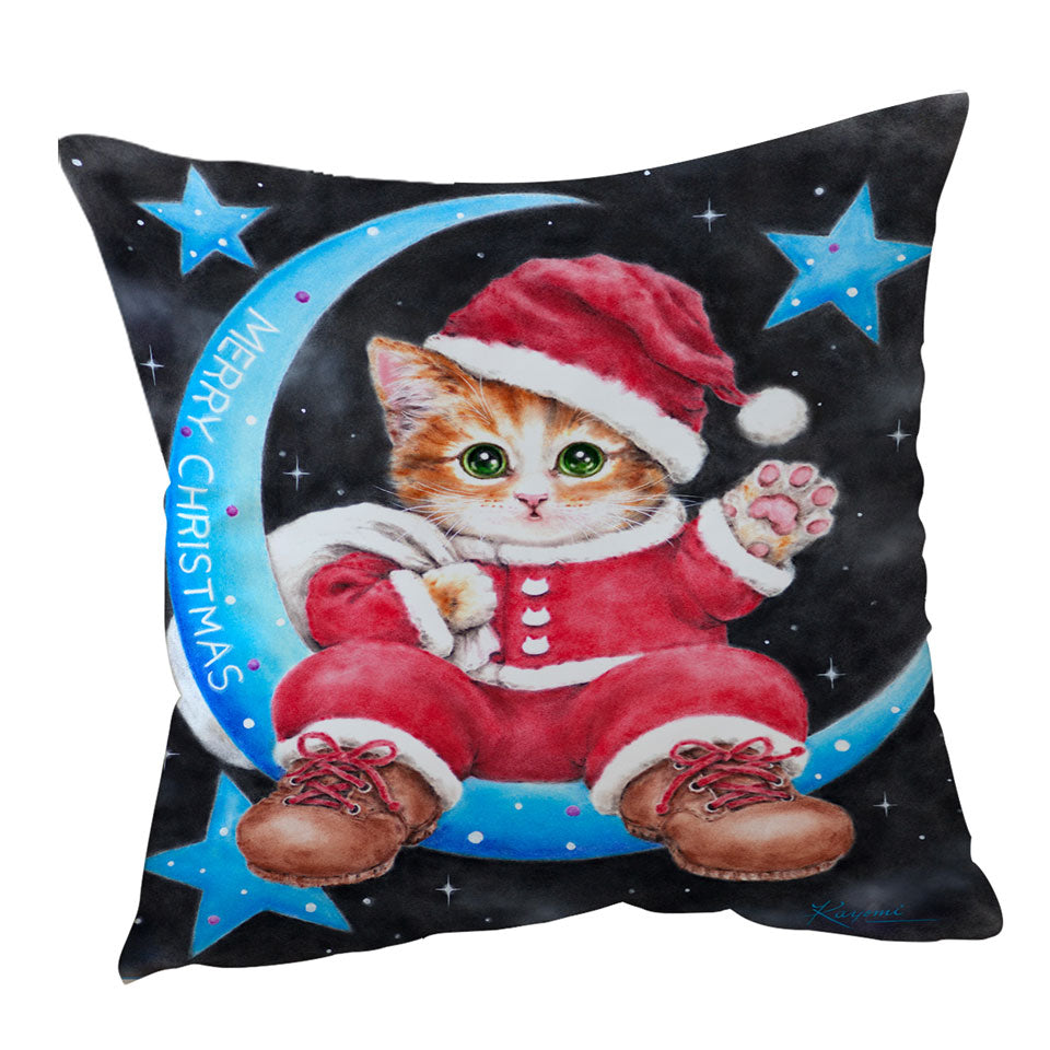 Merry Christmas Throw Pillows Kitty Cat Santa on the Moon