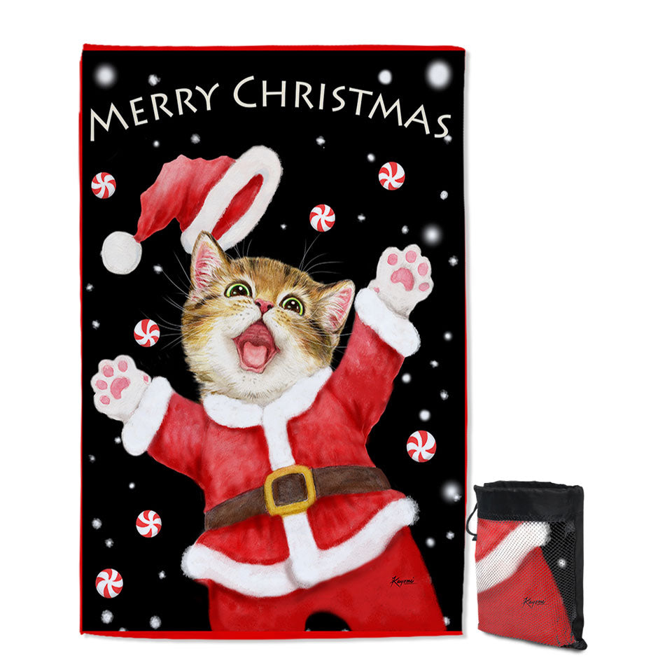 Merry Christmas Travel Beach Towel Cats and Kittens Candy Snow