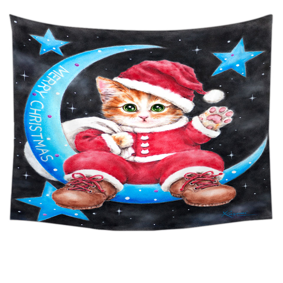 Merry Christmas Wall Decor Kitty Cat Santa on the Moon