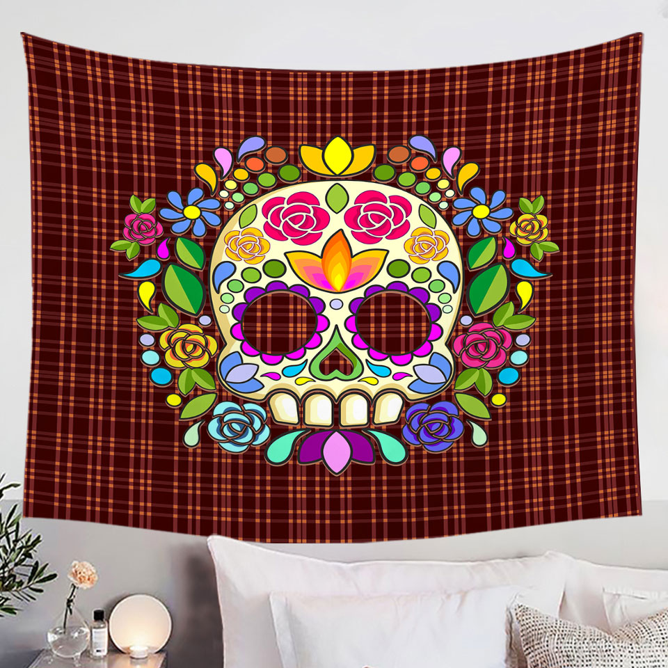 Mexican Sugar Skull over Gingham Wall Decor Tapestry