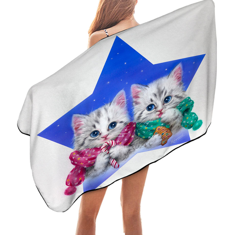Microfiber Beach Towel Christmas Star with Two Cute Grey Kittens