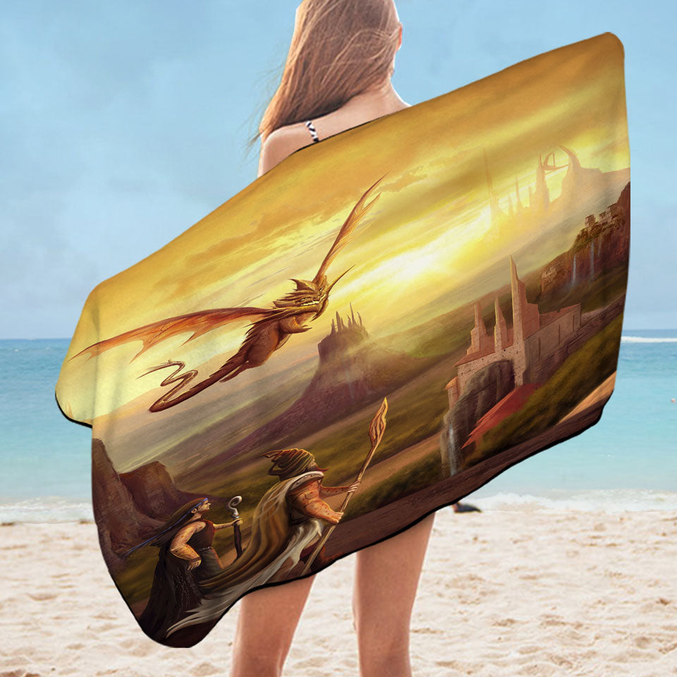 Microfiber Beach Towel of Warriors and Dragon Fantasy Art
