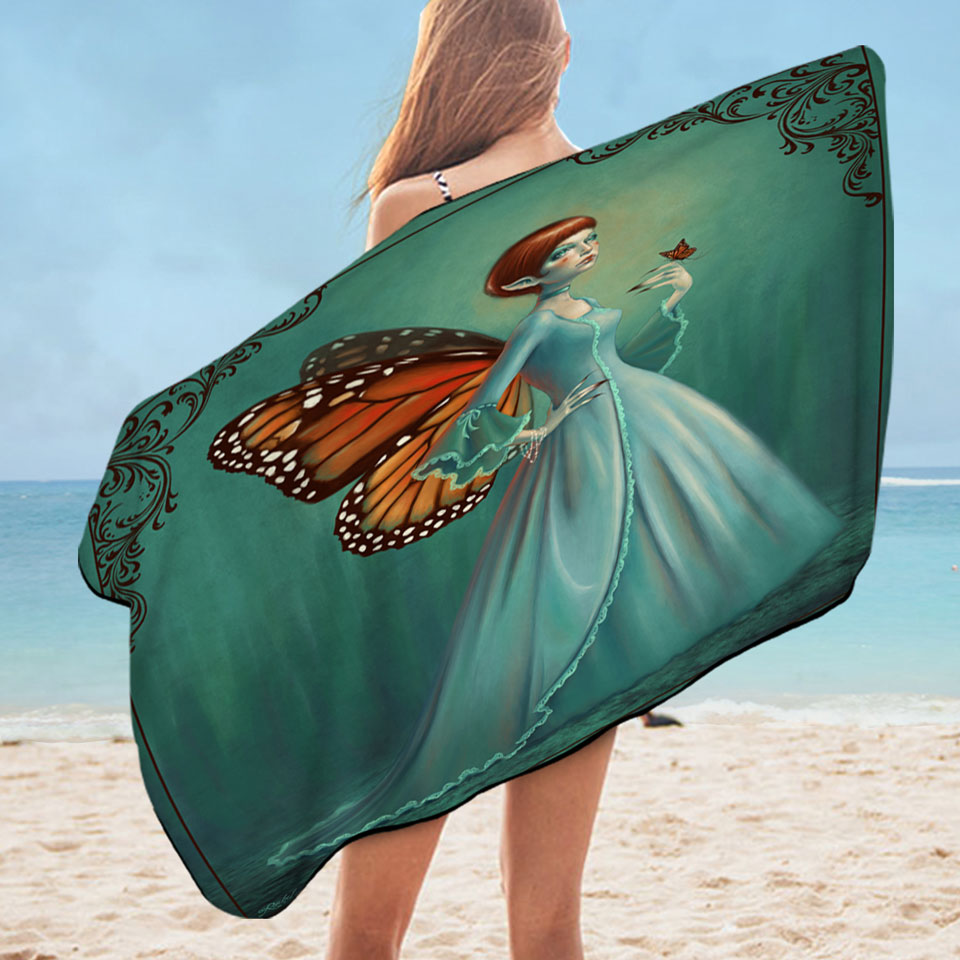 Microfiber Beach Towel with Butterfly Elf Woman Cool Fantasy Monarch